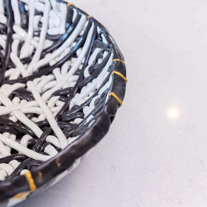 XXL Kintsugi Black & White Porcelain Interlacing Coil Decorative Bowl (Alchemy Collection) - Dan Pearce Ceramics