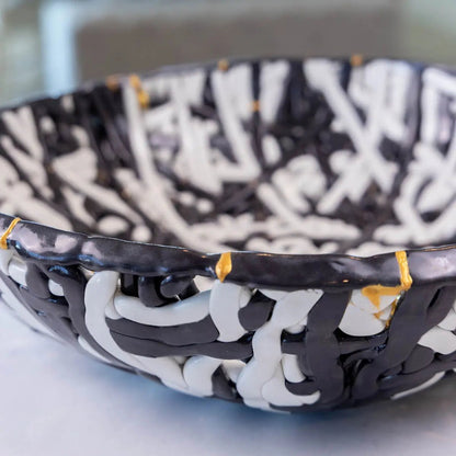 XXL Kintsugi Black & White Porcelain Interlacing Coil Decorative Bowl (Alchemy Collection) - Dan Pearce Ceramics