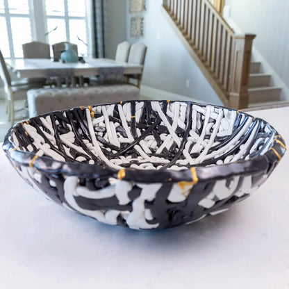 XXL Kintsugi Black & White Porcelain Interlacing Coil Decorative Bowl (Alchemy Collection) - Dan Pearce Ceramics