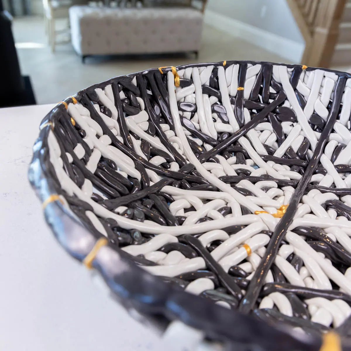 XXL Kintsugi Black & White Porcelain Interlacing Coil Decorative Bowl (Alchemy Collection) - Dan Pearce Ceramics