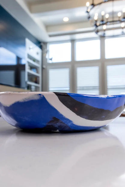 XXL Porcelain Abstract Squares Nerikomi Bowl (Blue, White & Black Series) - Dan Pearce Ceramics