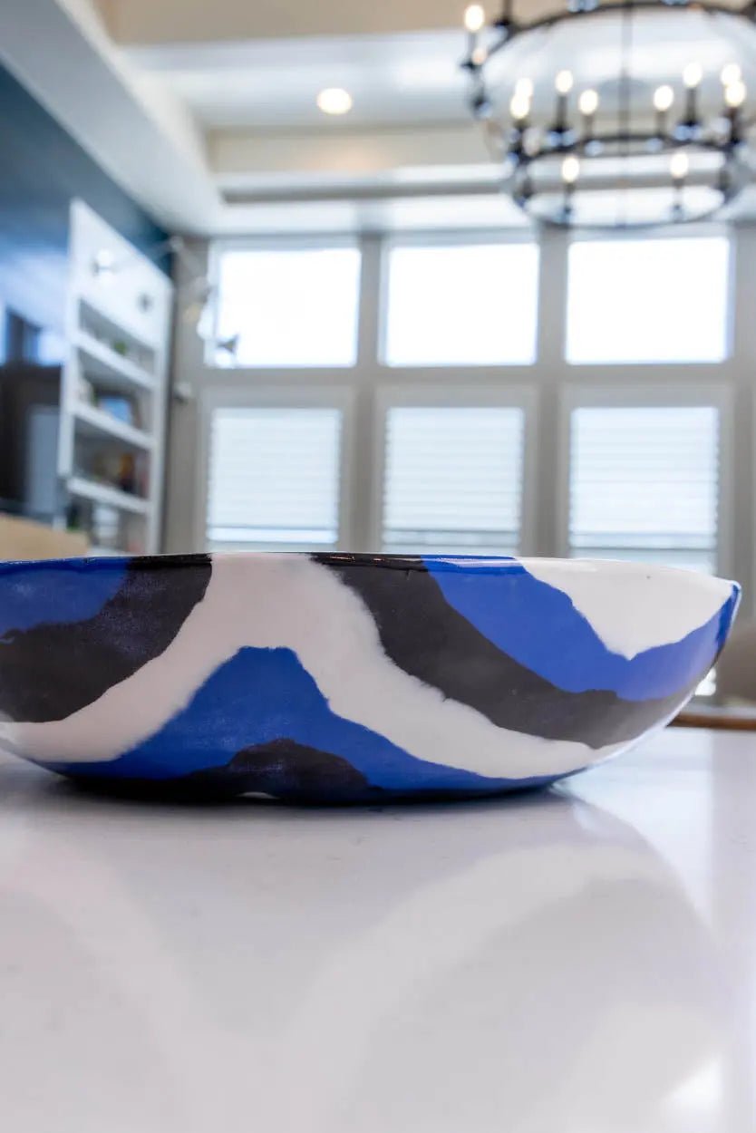 XXL Porcelain Abstract Squares Nerikomi Bowl (Blue, White & Black Series) - Dan Pearce Ceramics