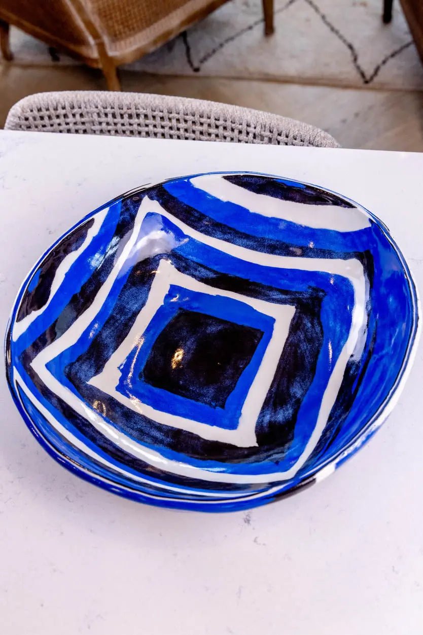 XXL Porcelain Abstract Squares Nerikomi Bowl (Blue, White & Black Series) - Dan Pearce Ceramics