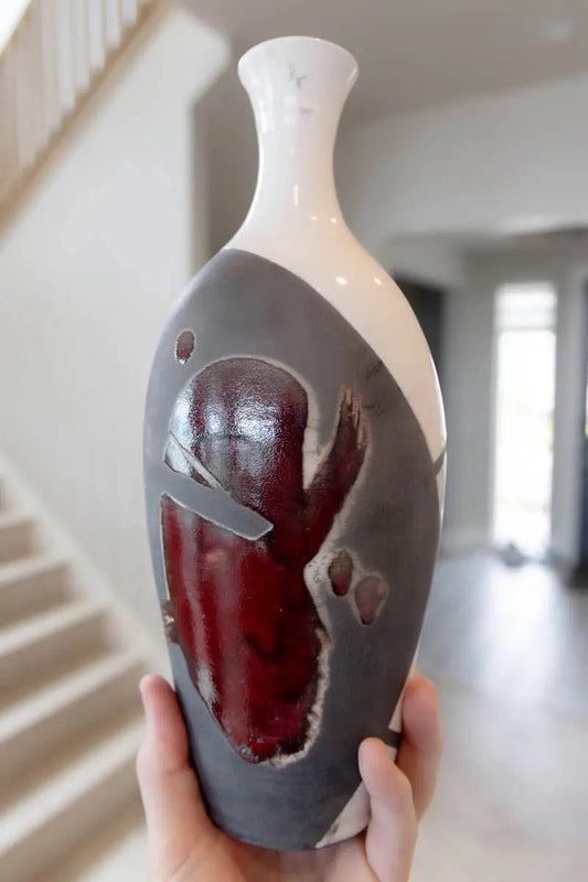 XXL Raku - Fired Flattened - Form Decorative Pot (Whites, Carbon Blacks, & Oxblood Red) - Dan Pearce Ceramics