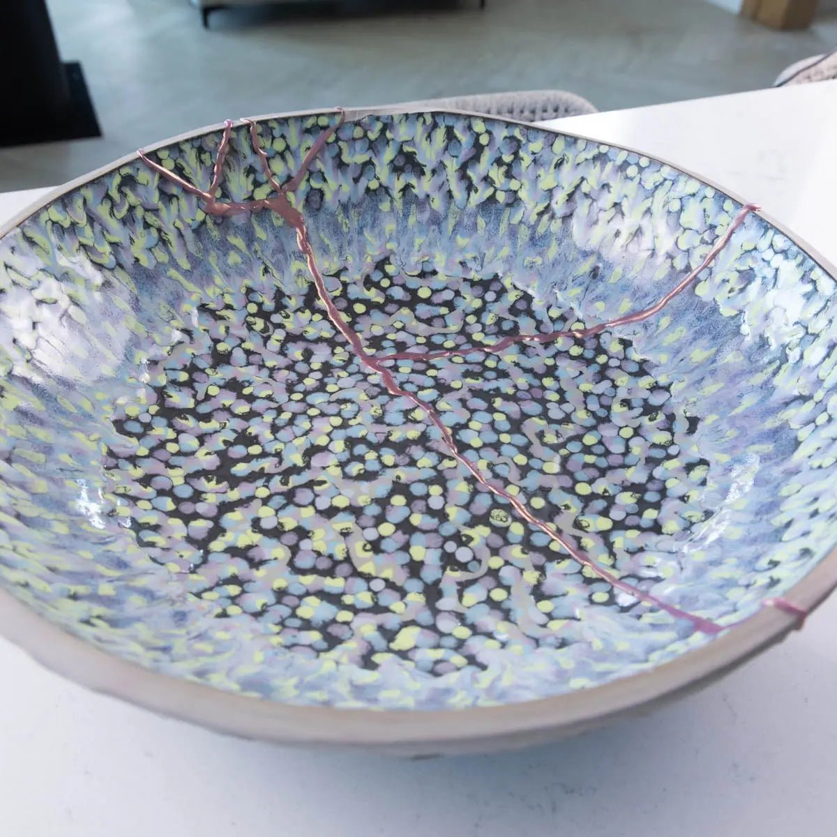 XXL Rose Gold Kintsugi Gray Stoneware Serving/Decorative Bowl - Abstract Mosaic (Alchemy Collection) - Dan Pearce Ceramics