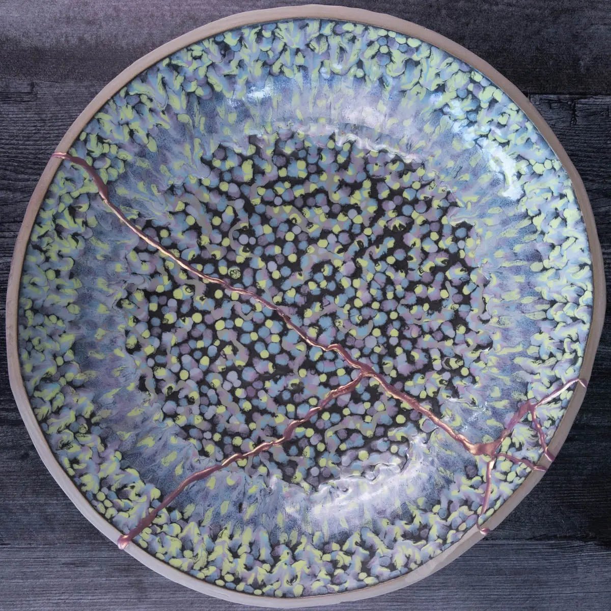 XXL Rose Gold Kintsugi Gray Stoneware Serving/Decorative Bowl - Abstract Mosaic (Alchemy Collection) - Dan Pearce Ceramics