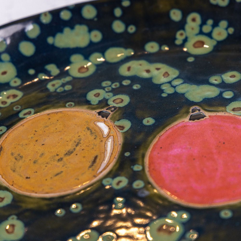 XXL Stoneware Decorative Oval Platter (Christmas Ornaments - Greens, Reds, and Yellows) - Dan Pearce Ceramics