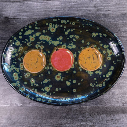 XXL Stoneware Decorative Oval Platter (Christmas Ornaments - Greens, Reds, and Yellows) - Dan Pearce Ceramics