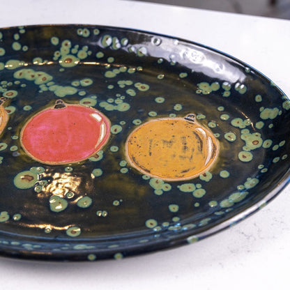 XXL Stoneware Decorative Oval Platter (Christmas Ornaments - Greens, Reds, and Yellows) - Dan Pearce Ceramics