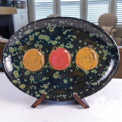 XXL Stoneware Decorative Oval Platter (Christmas Ornaments - Greens, Reds, and Yellows) - Dan Pearce Ceramics