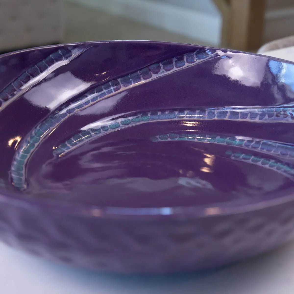 XXL Stoneware Serving/Decorative Bowl - Grooved Dark Earthy Purple (Alchemy Collection) - Dan Pearce Ceramics