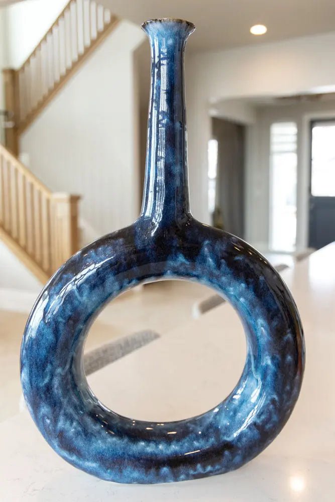 XXXL Decorative Hanging Donut Vase with Long Neck - Blacks, Creams, Mochas, & Deep Blues - Dan Pearce Ceramics