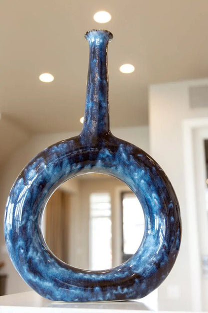 XXXL Decorative Hanging Donut Vase with Long Neck - Blacks, Creams, Mochas, & Deep Blues - Dan Pearce Ceramics