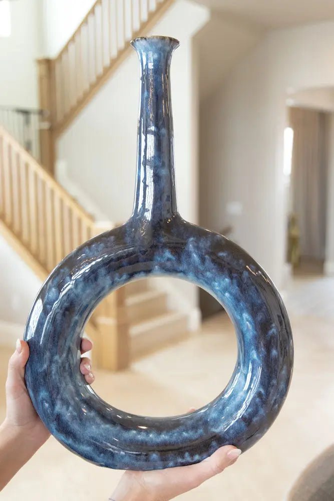 XXXL Decorative Hanging Donut Vase with Long Neck - Blacks, Creams, Mochas, & Deep Blues - Dan Pearce Ceramics