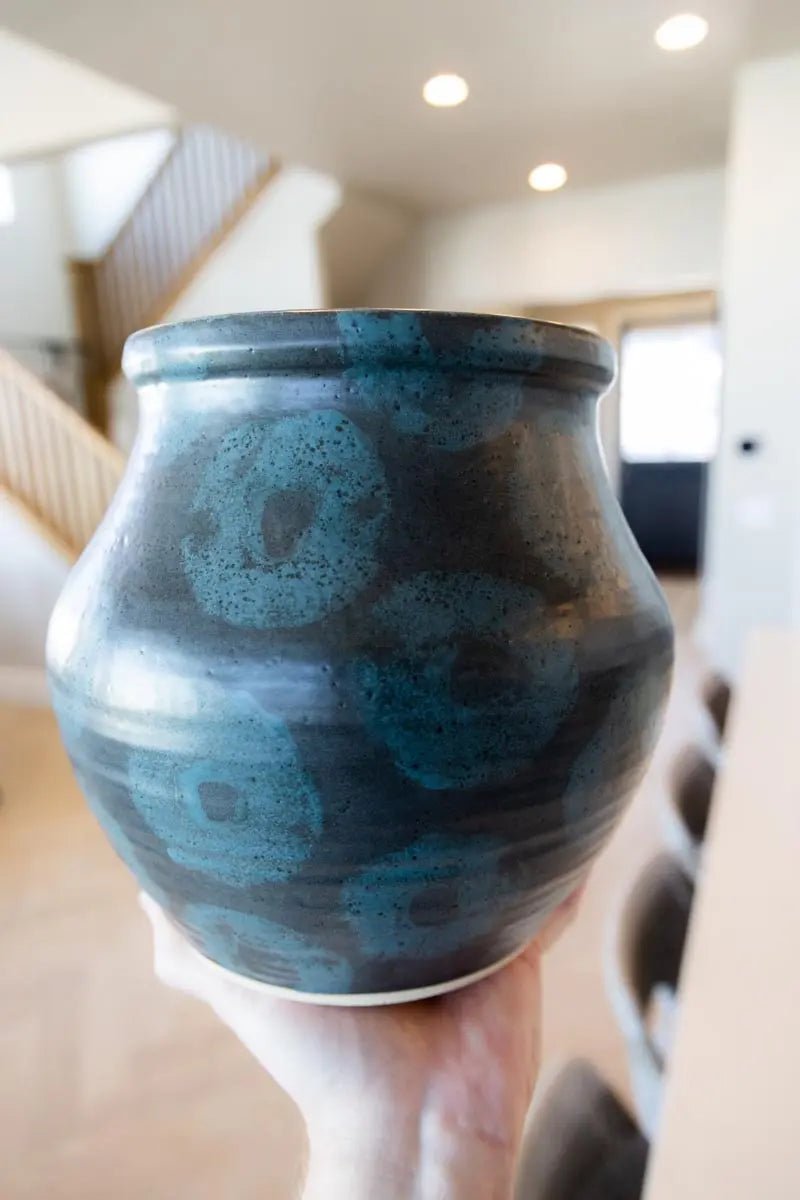 XXXL Hand - Ringed Extra - Thick Stoneware Planter Pot (Charcoal & Cerulean) - Dan Pearce Ceramics