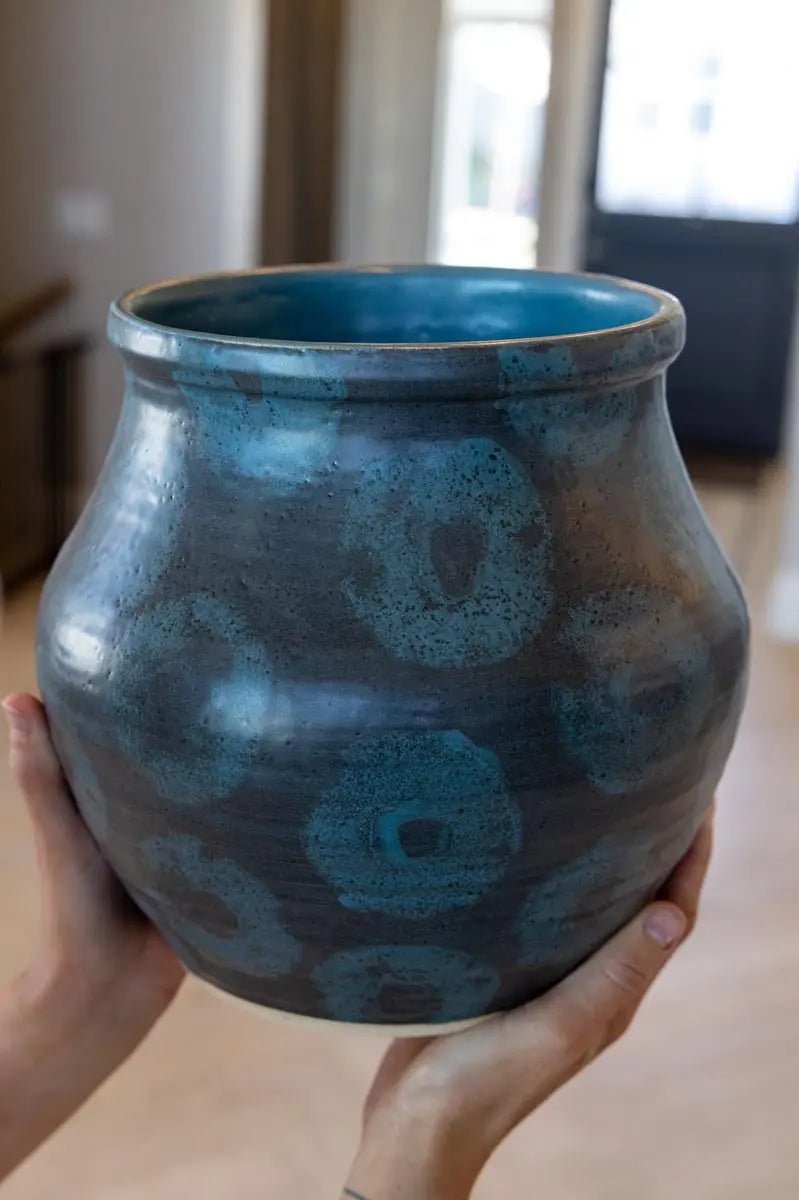 XXXL Hand - Ringed Extra - Thick Stoneware Planter Pot (Charcoal & Cerulean) - Dan Pearce Ceramics