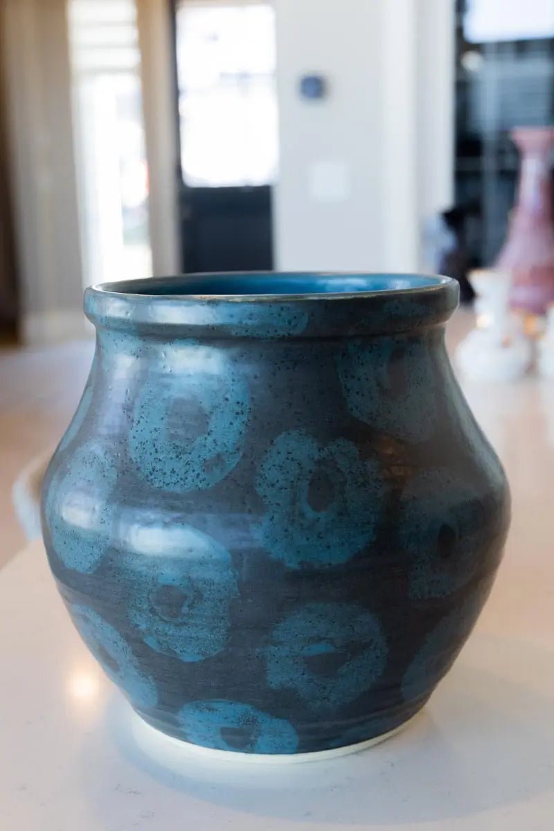 XXXL Hand - Ringed Extra - Thick Stoneware Planter Pot (Charcoal & Cerulean) - Dan Pearce Ceramics