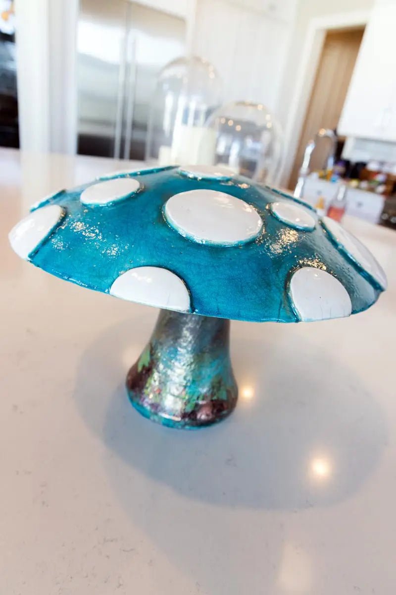 XXXL RAKU Fired Decorative Mushroom (Turquoises, Coppers, Whites - Crackled) - Dan Pearce Ceramics